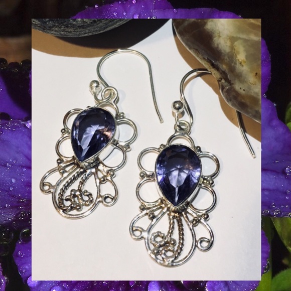 Radiant Iolite Gemstone Halo Dangle 925 Earrings - Picture 2 of 4